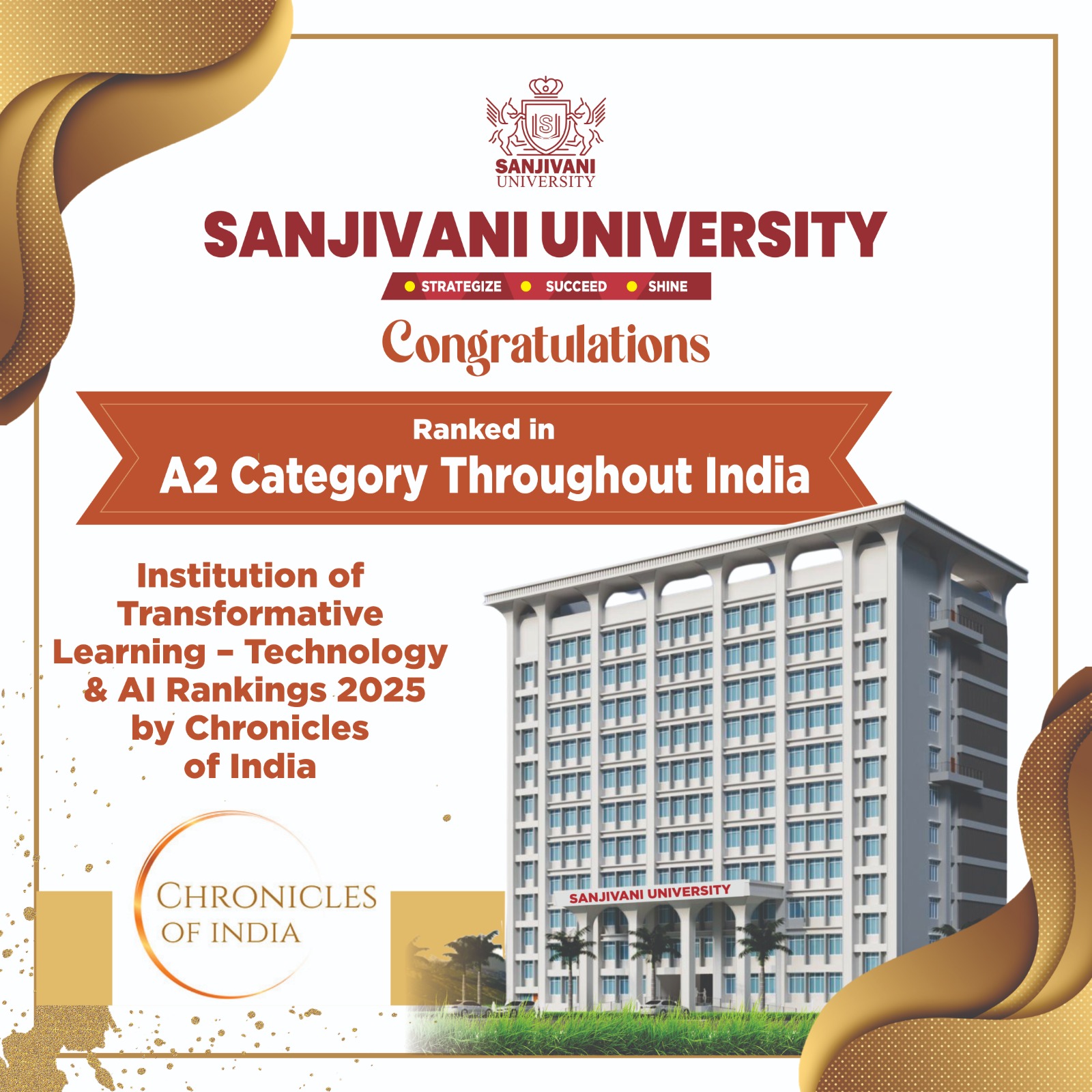 Ranked in the A2 Category!   As an Institution of Transformative Learning under the Technology and AI Rankings 2025 by Chronicles of India!